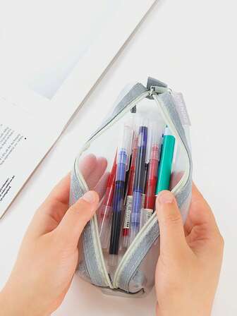 1 pieza Estuche de lápices de malla gris, bolsa de lápices de malla transparente minimalista, adecuada para estudiantes, exámenes y útiles escolares