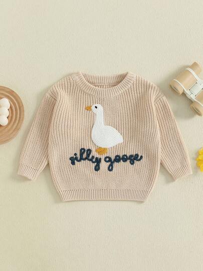 3 Months-3 Years Toddler Baby Goose Sweater Animal Letter Embroidered Crewneck Long Sleeve Pullover Chunky Knit Tops