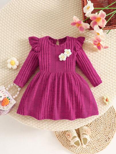 Vestito casual e carino per bambina, in colore tinta unita con fiore 3D a maniche lunghe, adatto per uso quotidiano o uscite, autunno/inverno