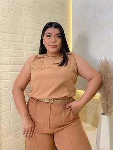 RAINBOW Plain Tank Top Sleeveless Blouse Plain Creppinho With 4 Buttons Plus Size G1G2G3 46-52 Casual Women - 62-BEGE - 查看 5
