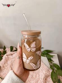 2 件/套蝴蝶盖吸管玻璃杯 - 大容量[450ML/15.22oz]罐形水瓶、冰咖啡杯、奶茶吸管杯、饮料吸管杯，送给朋友的最佳礼物！ - 彩色 - 查看 10