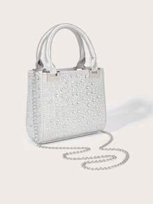 高品质奢华缎面迷你水钻装饰手拿包，优雅晚宴手提包，适合搭配正式礼服、婚礼、派对、约会和日常使用。 - 銀色 - 查看 5