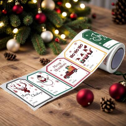 100 piezas/Rollo Etiquetas adhesivas decorativas de Navidad para envolver regalos, uso diario y manualidades navideñas, en diversos estilos para decoración y embalaje de regalos de Navidad