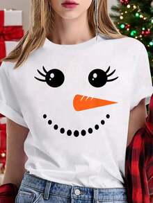 Merry Christmas Women's T-Shirt Snowman Girl Face For Girls Christmas Winter T-Shirt - 白色 - 查看 1