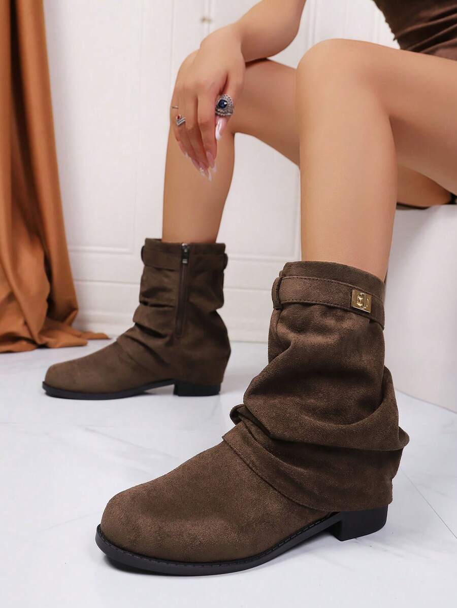 2025 Western Ruched Ankle Boots For Women, Autumn/Winter Vintage Cowboy Riding Boots With Buckle, Holiday Style - Coffee Brown - View 1