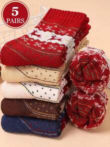 5 双装驯鹿印花厚款温暖舒适圣诞中筒袜，适合秋冬穿着 - 彩色 - 查看 4