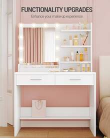 HEXCELEN 90cm Dressing Table With Mirror, Dressing Table With LED, 3 Brightness Levels, 2 Drawers, 4 Open Shelves And 2 Compartments, Dressing Tables, Modern, White - Phích cắm loại C của EU (220-240V) - Xem 6