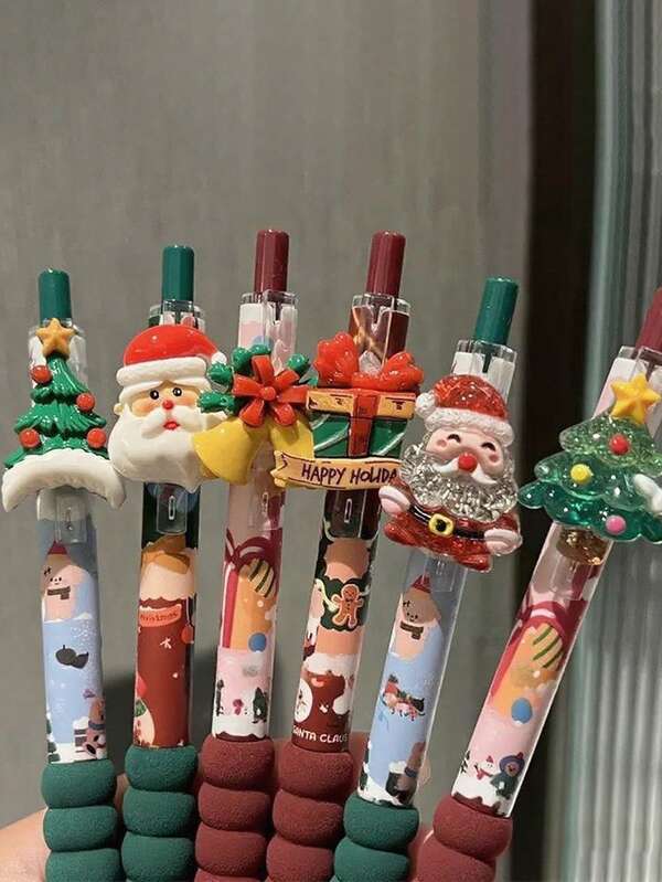4 piezas Bolígrafos decorativos navideños, bolígrafos retráctiles con diseños navideños de dibujos animados lindos, útiles escolares, bolígrafos de tinta negra de alta calidad con diseños encantadores, adecuados para regalos de Navidad, vuelta al colegio, suministros de oficina