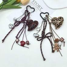 1 pièce Porte-clés pendentif en forme de cœur imprimé léopard en PU 3D, cordon de téléphone mignon, porte-clés, accessoire DIY pour portefeuille - Argent - Voir 5
