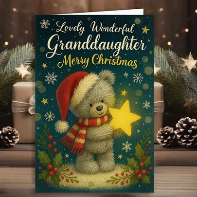 1/2/5/10pcs Lovely Wonderful Granddaughter Christmas Card With Cute Teddy Bear & Hearts - Dark Blue/Golden/Green Festive Design, Plush-Like Texture Paper, Family Holiday Wishes, Merry Christmas Lettering & Granddaughter's Name Personalization Space - Ideal Gift For New Year, Birthdays, Back-To-School - Sentimental Keepsake For Grandparents & Granddaughters, Mini Christmas Cards, Funny Hone Alone Christmas Card, Christmas Postcards