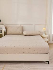 1pc Khaki Striped Heart & Geometric Pattern Fitted Sheet Mattress Protector Set, Soft & Breathable, Fits Twin, Full, Queen, King Size Beds With Deep Pocket Design Up To 11.8 Inches, Home Textile For Dorm, College, Wrinkle-Resistant, Machine Washable - Multicolor - View 7