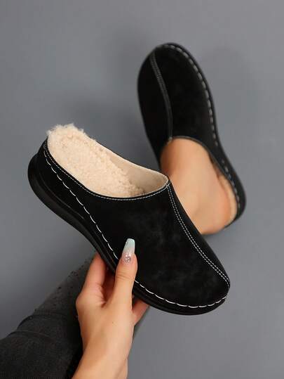 女士仿毛纯色拖鞋时尚坡跟厚底鞋蓬松仿毛坡跟厚底拖鞋纯色休闲坡跟厚底卧室拖鞋情侣款适合室内休闲穿着，情侣拖鞋适合秋冬