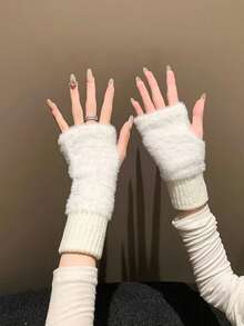 1 Pair/2 Pairs/3 Pairs Women's Fuzzy Half Finger Knitted Fingerless Gloves, Autumn/Winter - Multicolor - View 2