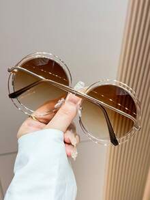 1副大框圆形时尚眼镜，女士款，可爱夏季海滩派对Y2K风格眼镜，适合夏季海滩度假、户外活动和旅行。 - 香檳色 - 查看 2