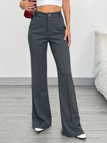 Women's Tailored Flare Pants With Fake Pockets At The Back - Grey - View 3