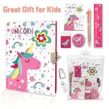 دفتر يومية للبنات مع قفل، طقم قرطاسية دفتر يومية للأطفال، مناسب للأطفال ما قبل المدرسة والمراهقين بأعمار 6 و 8 و 10 و 12 للتعلم والكتابة والرسم، هدية الحورية، مع دفتر ، لوح ملاحظات، 6 أقلام متعددة الألوان، مسطرة، ممحاة - متعدد الألوان - مشاهدة 4