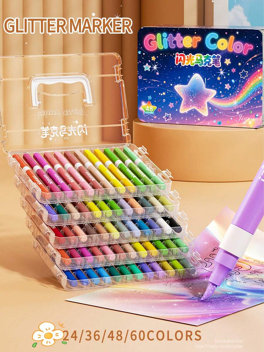 1pc 24/36/48/60 Colors Glitter Marker Pens, High-Quality Pigment Markers For Layering, Waterproof And Smudge-Proof, Professional Art Painting Brush