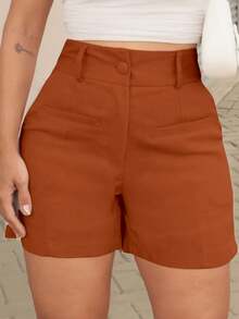 EMILI LLANA MODA Women's Linen Shorts With Minimalist Front Pocket For An Elegant Woman - 紅陶 - 查看 1
