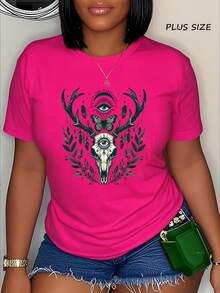 Plus Size Gothic Skull & Deer Day‑Of‑Dead Graphic Tee Women's T-Shirt, Soft And Breathable Short Sleeve, Perfect For Daily Wear, Outdoor Activities, Travel, And Casual Style, Comfortable All-Day Fit! - 粉色 - 查看 1