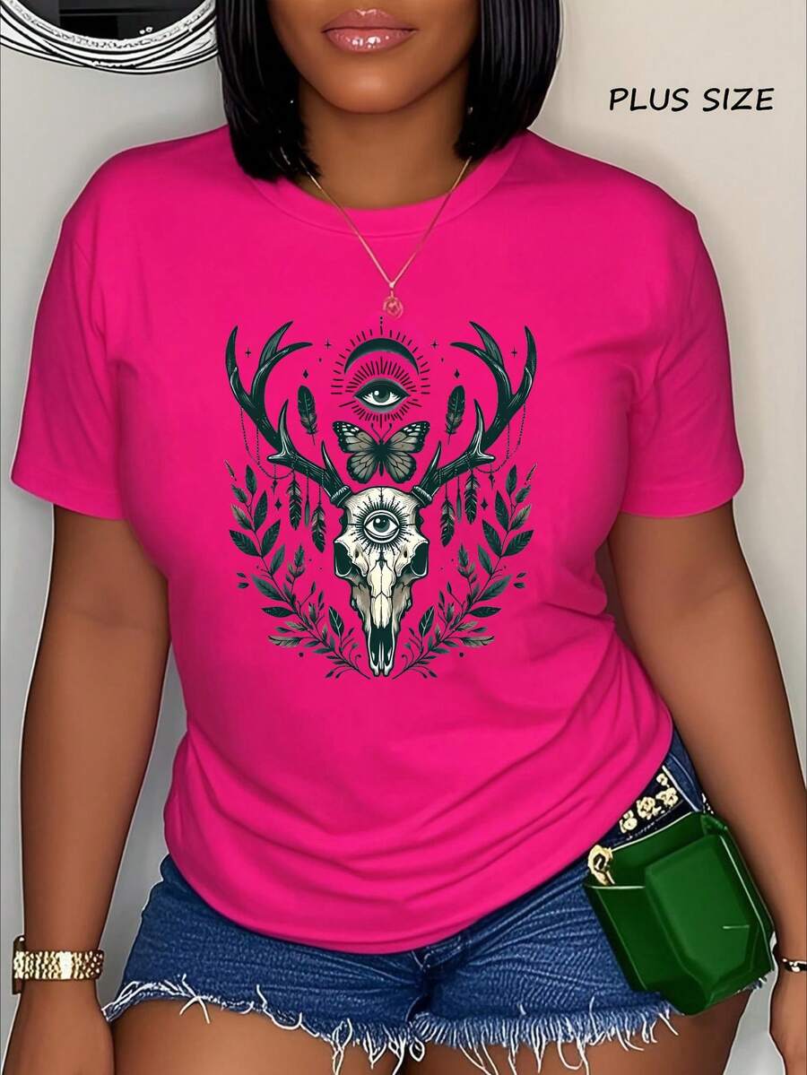 Plus Size Gothic Skull & Deer Day‑Of‑Dead Graphic Tee Women's T-Shirt, Soft And Breathable Short Sleeve, Perfect For Daily Wear, Outdoor Activities, Travel, And Casual Style, Comfortable All-Day Fit! - 粉色 - 查看 1