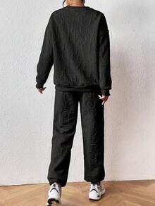 大码女式舒适运动圆领提花针织长袖上衣和抽绳裤套装，黑色，春季优雅款 - 黑色 - 查看 2