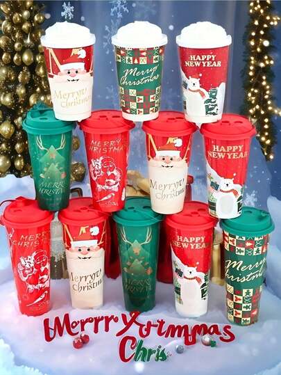 Caneca de café natalina com 12 peças, reutilizável e à prova de vazamentos, com estampas variadas de Papai Noel, renas, ursos e xadrez. Ideal para Natal, Ano Novo, festas e decorações. Adequado para chocolate quente, leite, café e bebidas. Lavar somente à mão. Feito de plástico, sem revestimento, sem chumbo, com temas de animais e inverno.