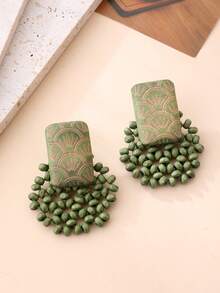 1 Pair Handmade Minimalist Wooden Beaded & Carved Geometric Earrings, Moss Green, Suitable For Vacation, Party And Daily Wear - Moss Green - View 1