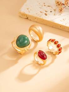 Set de 4 anillos de joyería de metal con gemas geométricas en estilo bohemio, un regalo versátil para fiestas, bodas y ocasiones casuales para mujeres y parejas