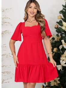 Short Dune Dress Simple Ruffle Fabric Summer - Red - View 2