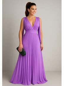 Long Pleated Dress V-Neckline Bridesmaid Dress For Wedding Graduation And Parties - Lilac Purple - View 1