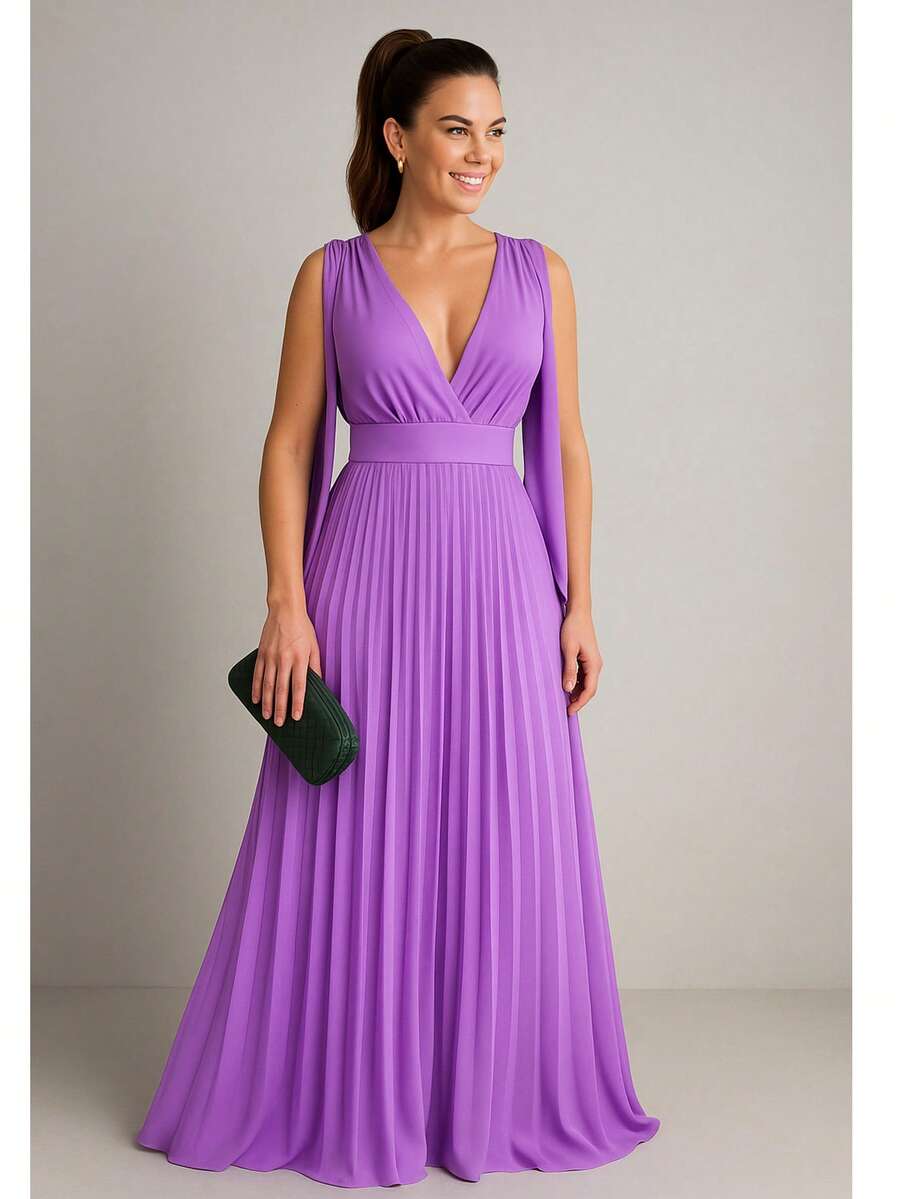 Long Pleated Dress V-Neckline Bridesmaid Dress For Wedding Graduation And Parties - Lilac Purple - View 1