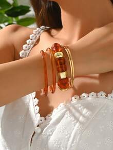 6pcs Women's Elegant Acrylic Resin & Metal Bangle Bracelet Set, Suitable For Daily Wear (Random Color & Pattern)