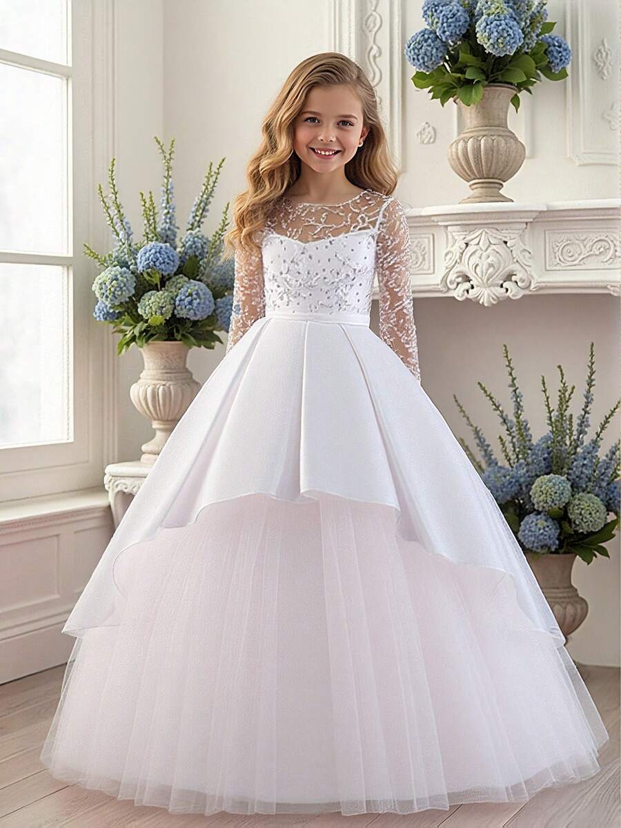 Vestido elegante de niña preadolescente con cuello redondo, bordado floral, strass y malla de satén para dama de honor en boda, fiesta de cumpleaños, sin diadema - Blanco - Ver 1
