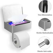 GALASALA Porta Rollos Papel de Baño de Acero Inoxidable SUS304, Soporte con Recipiente de Almacenamiento y Dos Ganchos Adicionales, sin Necesidad de Taladro, Fácil Instalación - Plata - Negro - Ver 10