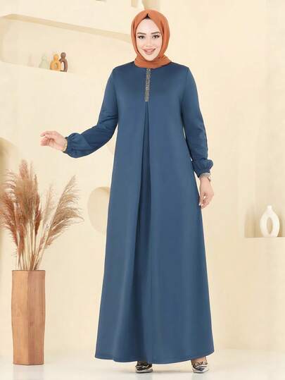 Fashion Women's Round Neck Solid Color Loose Long Robe Dress