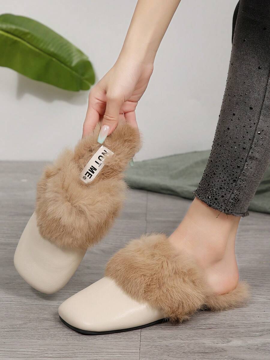 女士休闲一脚蹬拖鞋，圆头蓬松毛皮拖鞋，时尚户外服饰，秋冬 - 卡其色 - 查看 1