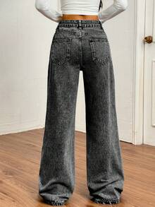 Women's Fashionable Pearl Embellished Wide Leg Jeans