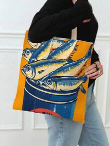 1件装女士可重复使用手提袋、手提包和化妆包套装 - 彩色简约粉绿条纹沙丁鱼罐头印花涤纶购物袋，固定肩带设计，适合海滩、野餐、购物和食品储存，可折叠手提袋，多功能