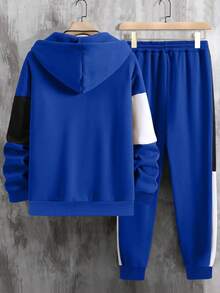 2 Stück/Set Jungen & Teenager Lässiger Sport Kontrast Farbe KING Muster Hoodie Sweatshirt und Kontrast Farbe Hose Set, Frühling/Herbst