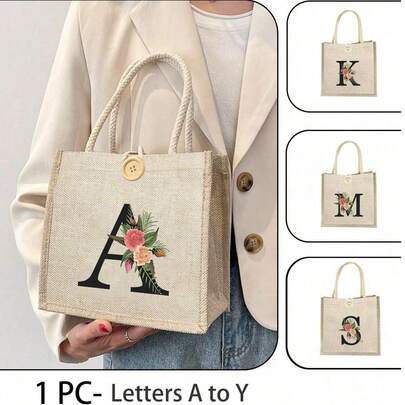 1pc Linen Flower Alphabet Handbag, Simple Large Capacity Handbag, Portable Casual Storage Handbag, Multifunctional Shopping Bag, Personalized Gift Bag