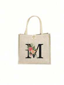 1 Stück Leinen Blumen Buchstaben Handtasche, einfache Handtasche mit großer Kapazität, tragbare lässige Aufbewahrungstasche, multifunktionale Einkaufstasche, personalisiertes Geschenktasche, geeignet für Hochzeiten, Geburtstage, Strände, Festivals, perfekte Geschenke für Frauen, Lehrer, Freunde, Brautjungfern, große Taschen, Studenten und Schulanfang, beste Lehrergeschenke für den Lehrertag, beste Geschenke zur Wertschätzung von Lehrern