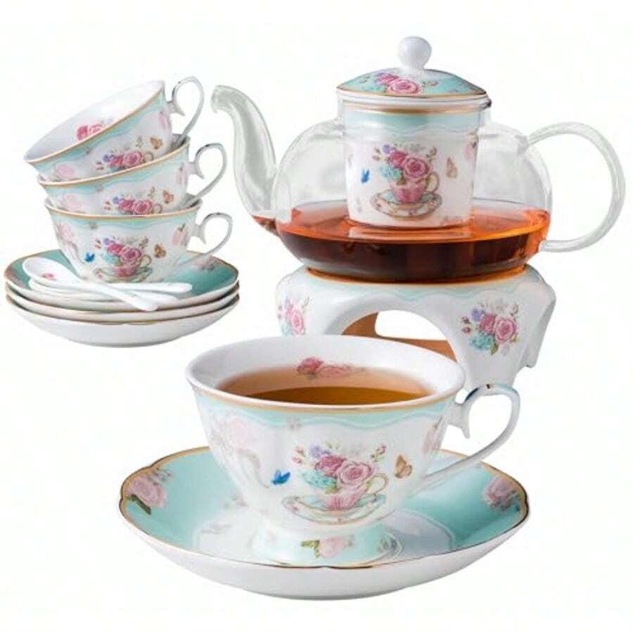 Jusalpha Vintage Light Blue Floral Fine China Tea Setscoffee Cupteacup Saucer Spoon Set With Teapot Warmer Filter Serve Of 4 16pc In 1 Set FD Glass Pot Set 07 - As Pic - View 1