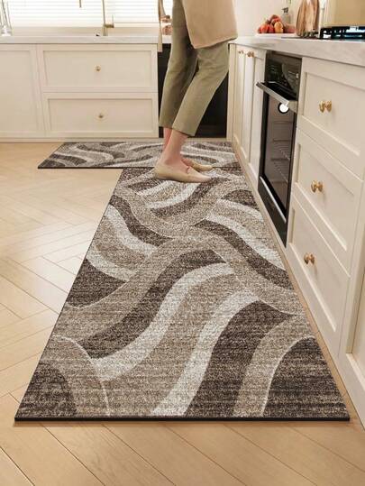 1 pezzo Tappetino da cucina in gel di silice con motivo a onde astratte. Il tappetino presenta una tavolozza di colori marrone, grigio e bianco, con sfumature variabili che creano forme d'onda ondulate e diverse, trasmettendo un senso di dinamismo e ritmo, aggiungendo un tocco morbido ed energico allo spazio della cucina. Il tappetino da cucina di lusso e alla moda offre ammortizzazione e sollievo dalla fatica. Tappeto da cucina decorativo natalizio