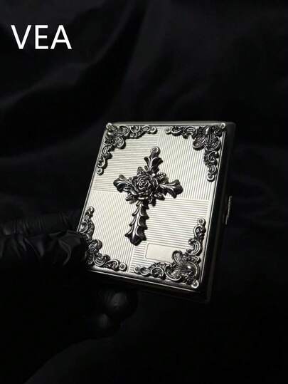 Gothic Handmade Metal Cigarette Case|Silver Rose Cross And Faux Pearl Embellishment Design| 20-Capacity Travel Essential|Vintage Collectible Home Decor|Light Luxury And Durable Christmas Gifts
