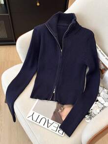 CMC Casual Solid Color Polyester Ribbed Zip-Up Cardigan, Suitable For Vacation, Office, Home, Travel, Spring/Autumn/Winter