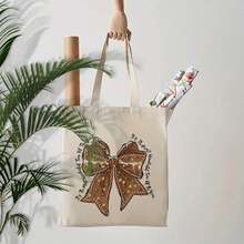 1pc Gingerbread Coquette Tote Bag - Festive Gingerbread Bow Pattern Light Beige Canvas Shoulder Bag Women, Reusable Foldable Shopping Bag Travel, Beach, Daily Commute - Her - 樣式1 - 查看 5