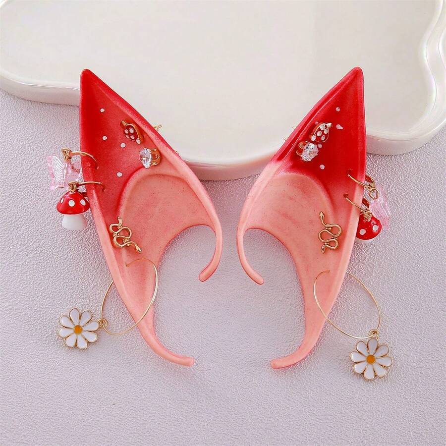 Halloween Cosplay Elf Ears Mushroom Flower Crystal Design Fairy Ear Accessories For Women Party Costume - 玫紅色 - 查看 1