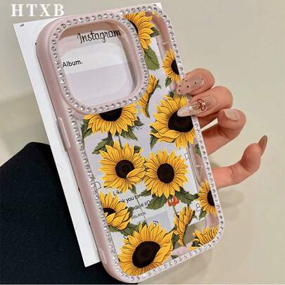 Custodia per telefono 3-in-1 con girasoli e strass, compatibile con 17 Pro/ 17 Air/ 17/ 17 Pro Max, 16 Pro Max, 16, 15 Pro, 14, 14 Plus/14 Pro Max, 13