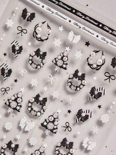 哥特式黑色圣诞蝴蝶结5D美甲贴纸，优雅圣诞树、星星、雪花、水晶水钻节日自粘美甲装饰