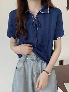 女式修身撞色短袖针织上衣，夏季 - 藍色 - 查看 5
